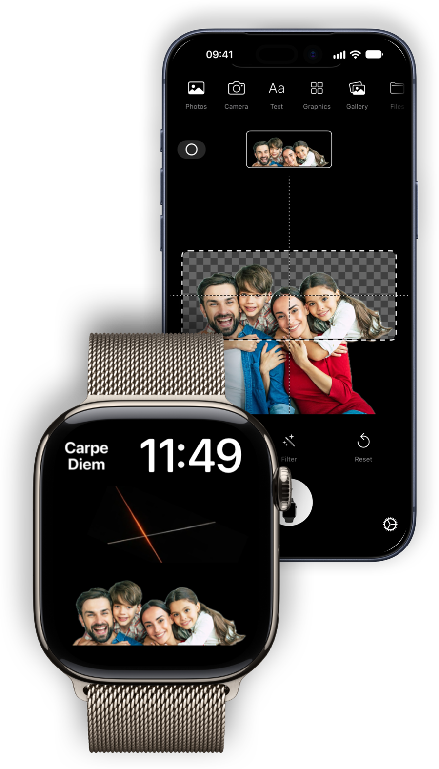 iPhone with a cut-out family photo, next to an Apple Watch showing the family in the wide complication