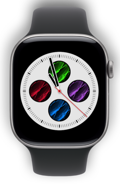 Analog watch face with four graphics in green, red, purple and blue