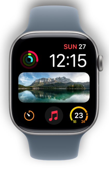 Modular watch face with a mountain lake